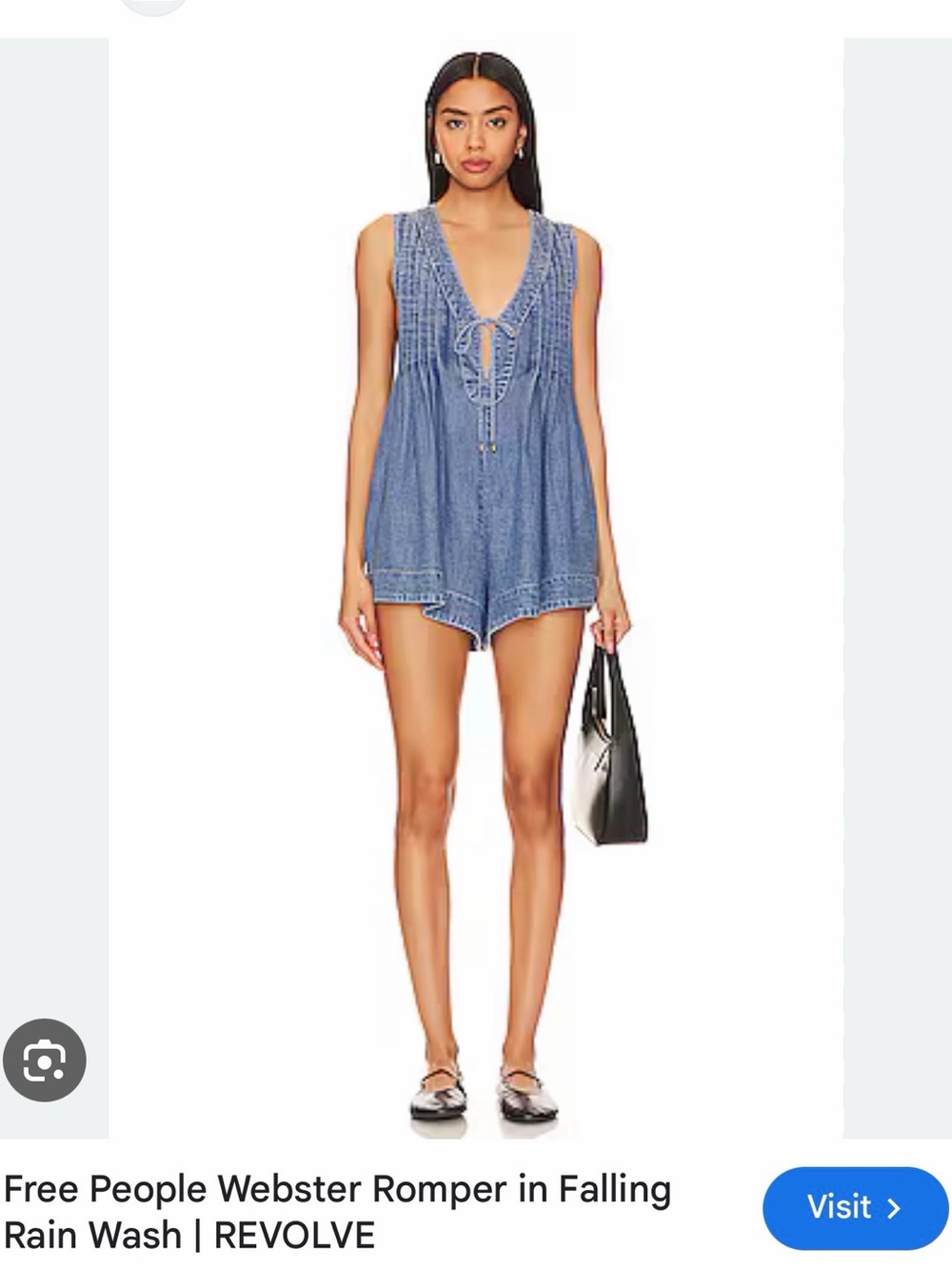 Free People Blue Denim V-Neck Romper with Pintuck Bodice